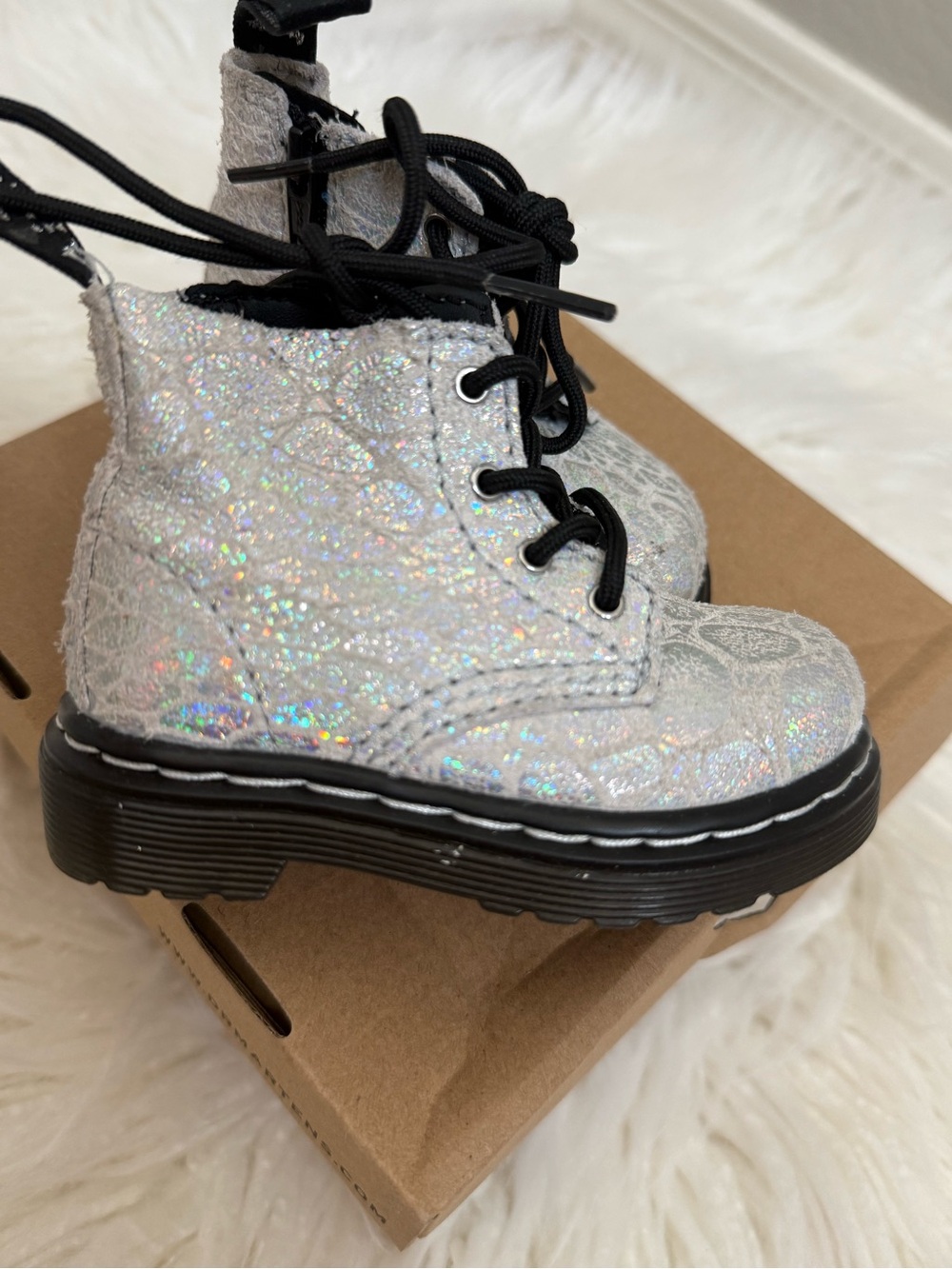 Kids Glitter Dr Martens Boots - Silver Holographic
